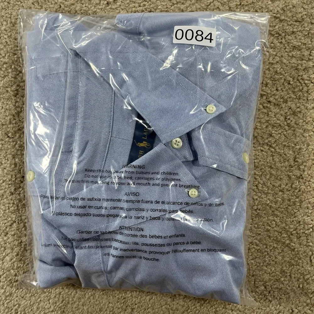 Ralph Lauren Slim‎ Fit Stretch Oxford Shirt Men 2XL Blue Long Sleeve Flesh Pony